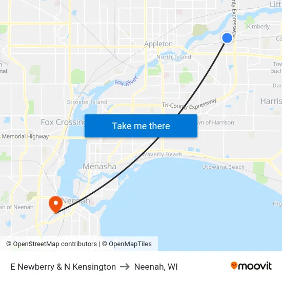 E Newberry & N Kensington to Neenah, WI map