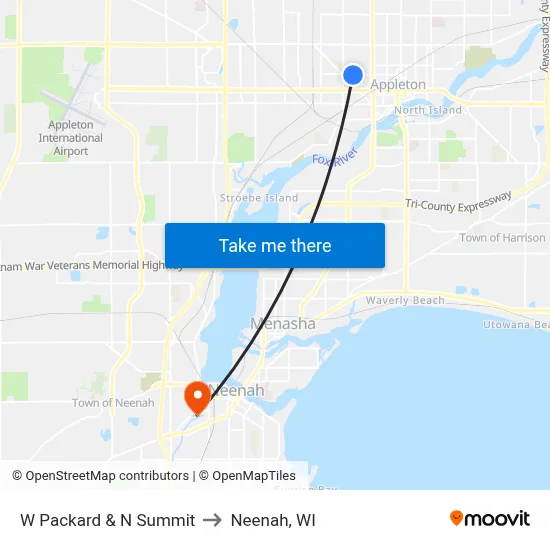 W Packard & N Summit to Neenah, WI map