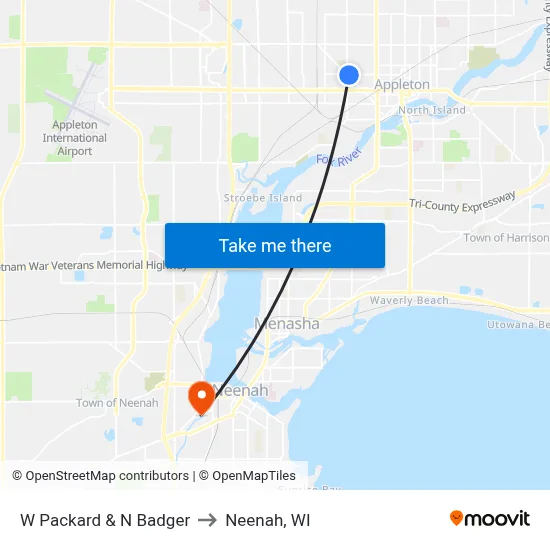 W Packard & N Badger to Neenah, WI map