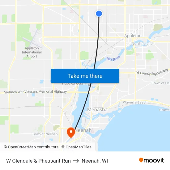 W Glendale & Pheasant Run to Neenah, WI map