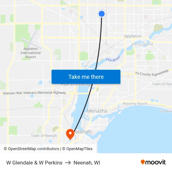 W Glendale & W Perkins to Neenah, WI map