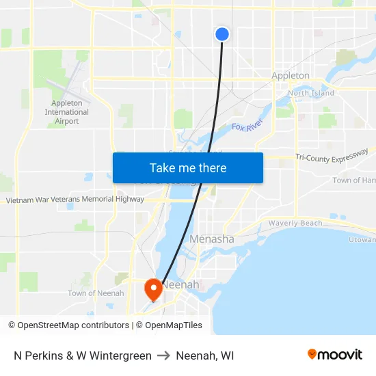 N Perkins & W Wintergreen to Neenah, WI map