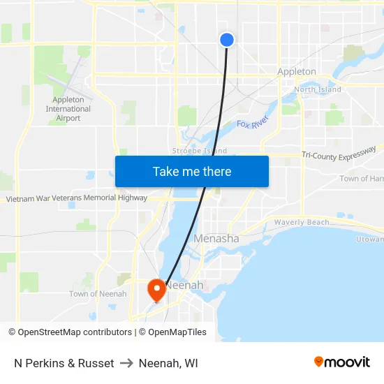 N Perkins & Russet to Neenah, WI map