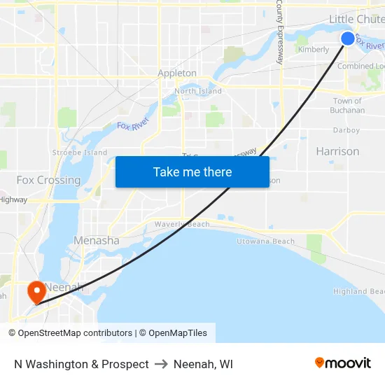 N Washington & Prospect to Neenah, WI map