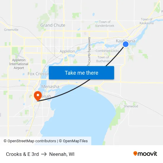 Crooks & E 3rd to Neenah, WI map