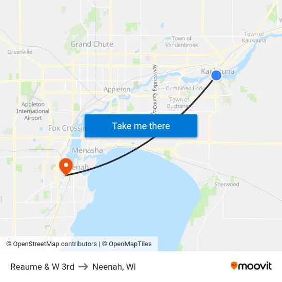 Reaume & W 3rd to Neenah, WI map