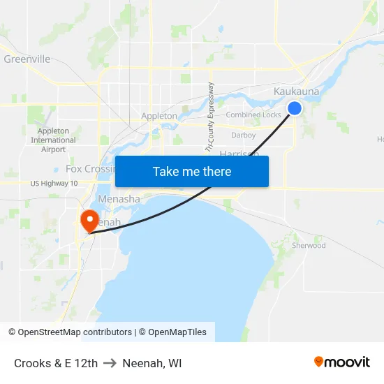 Crooks & E 12th to Neenah, WI map