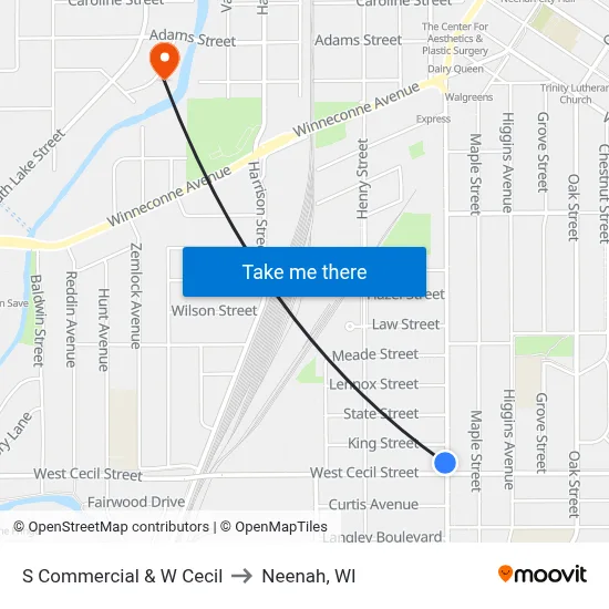 S Commercial & W Cecil to Neenah, WI map