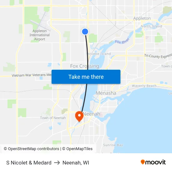 S Nicolet & Medard to Neenah, WI map