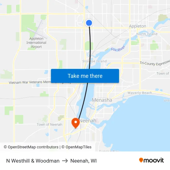 N Westhill & Woodman to Neenah, WI map