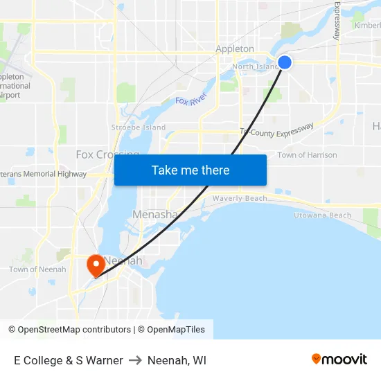 E College & S Warner to Neenah, WI map