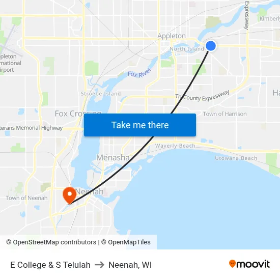 E College & S Telulah to Neenah, WI map