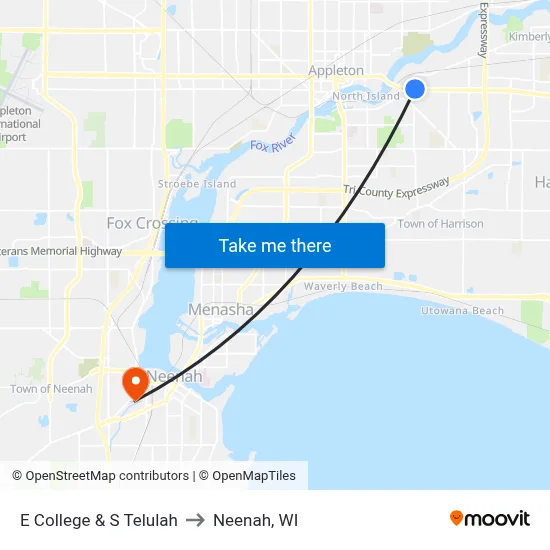 E College & S Telulah to Neenah, WI map