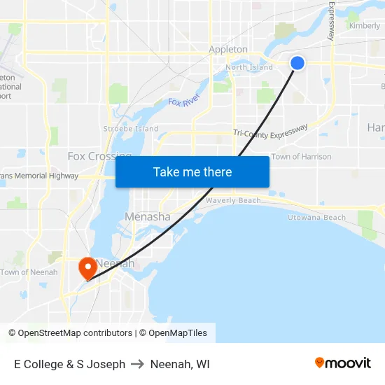 E College & S Joseph to Neenah, WI map