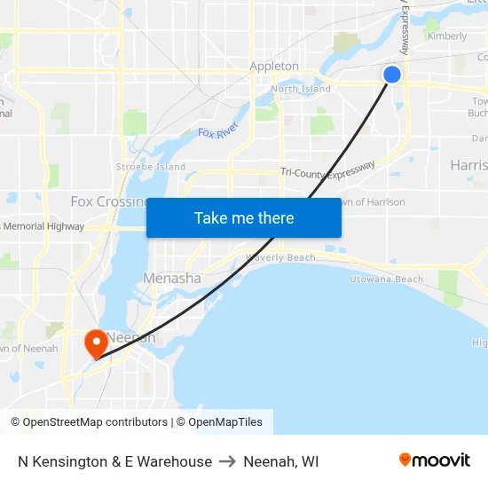 N Kensington & E Warehouse to Neenah, WI map