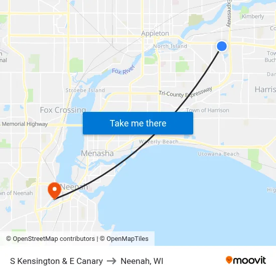 S Kensington & E Canary to Neenah, WI map