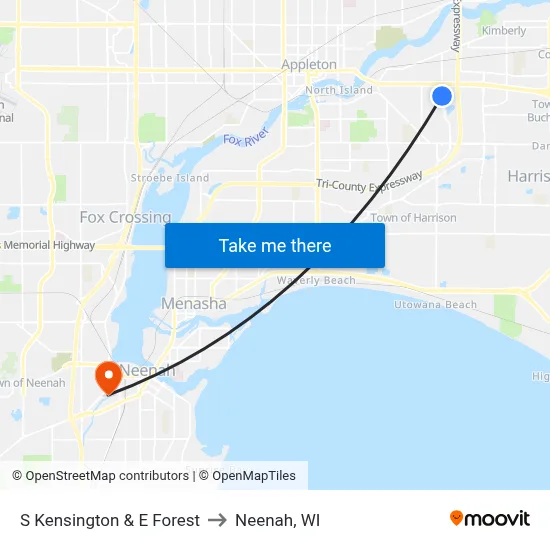 S Kensington & E Forest to Neenah, WI map