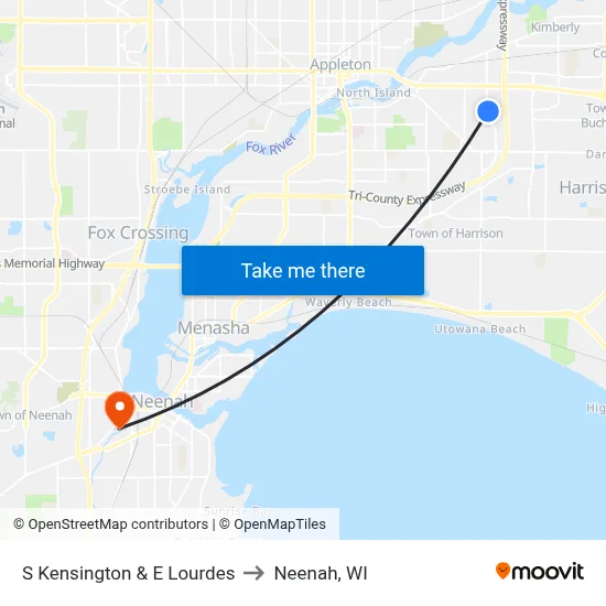 S Kensington & E Lourdes to Neenah, WI map
