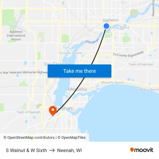 S Walnut & W Sixth to Neenah, WI map