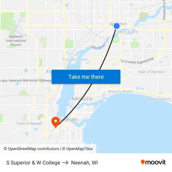 S Superior & W College to Neenah, WI map
