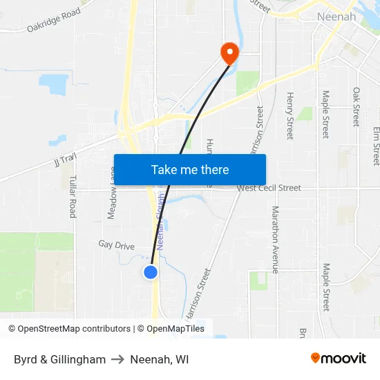 Byrd & Gillingham to Neenah, WI map
