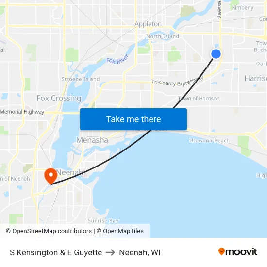 S Kensington & E Guyette to Neenah, WI map