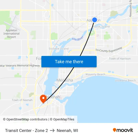 Transit Center - Zone 2 to Neenah, WI map