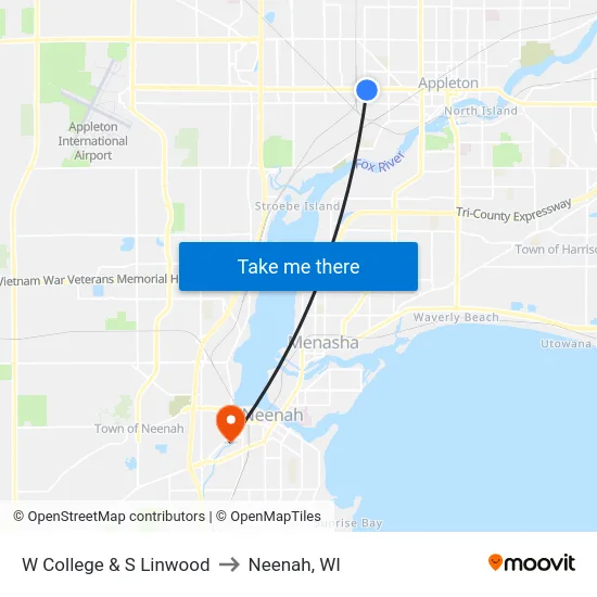 W College & S Linwood to Neenah, WI map