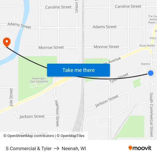 S Commercial & Tyler to Neenah, WI map