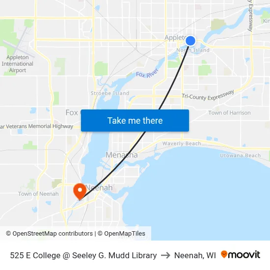 525 E College @ Seeley G. Mudd Library to Neenah, WI map