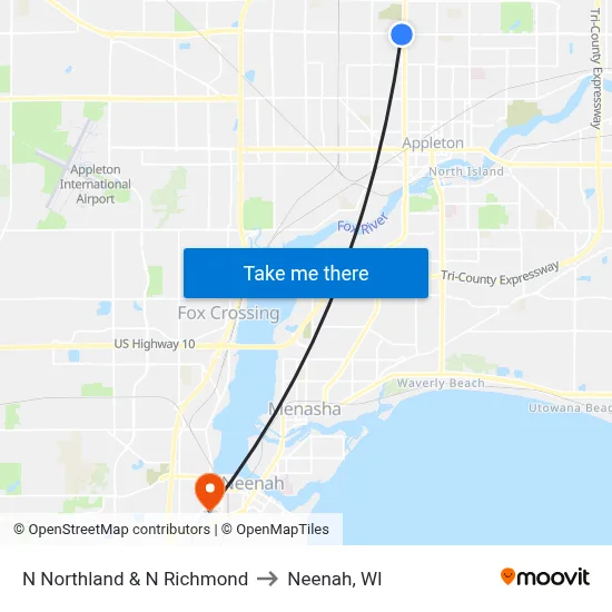 N Northland & N Richmond to Neenah, WI map