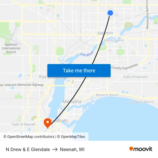 N Drew & E Glendale to Neenah, WI map
