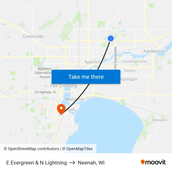 E Evergreen & N Lightning to Neenah, WI map
