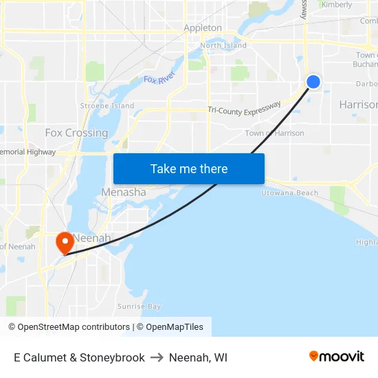 E Calumet & Stoneybrook to Neenah, WI map