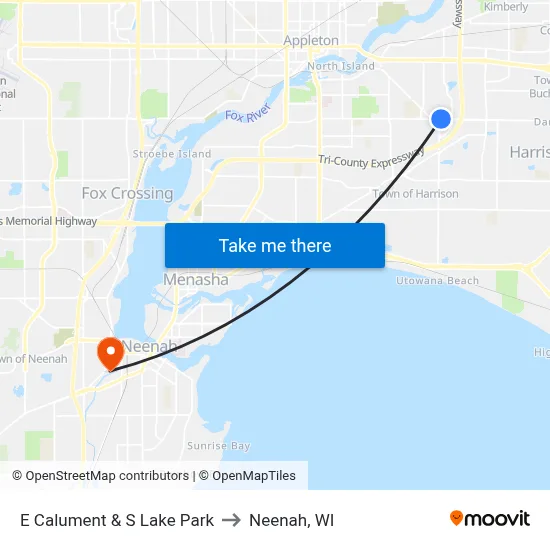 E Calument & S Lake Park to Neenah, WI map