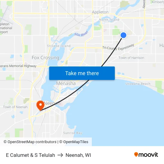 E Calumet & S Telulah to Neenah, WI map