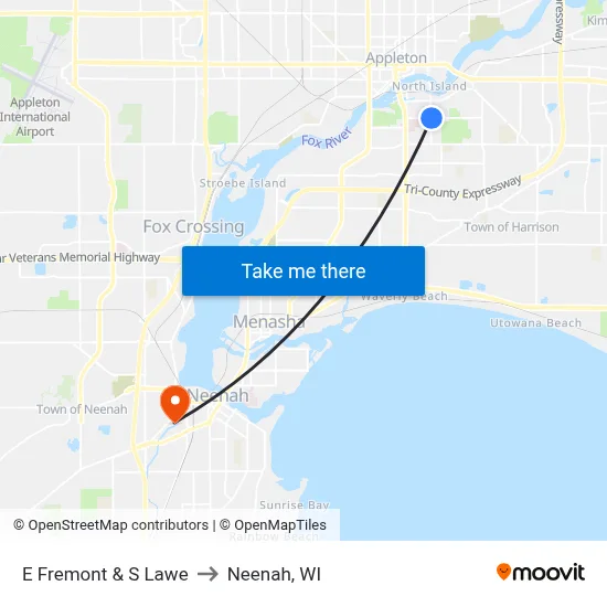 E Fremont & S Lawe to Neenah, WI map