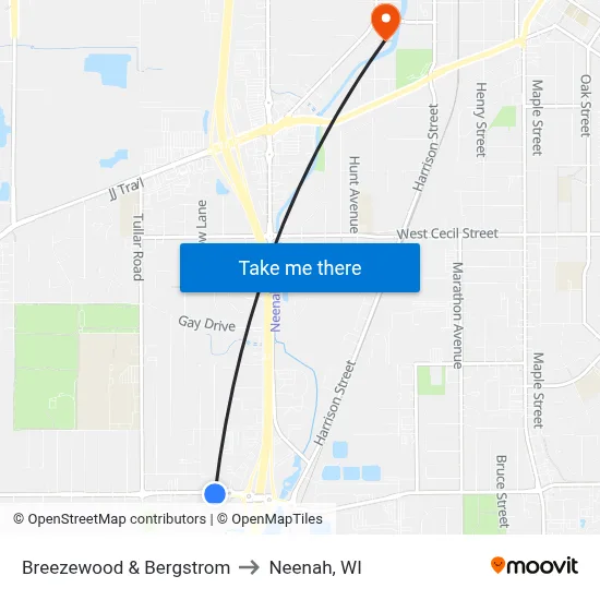 Breezewood & Bergstrom to Neenah, WI map