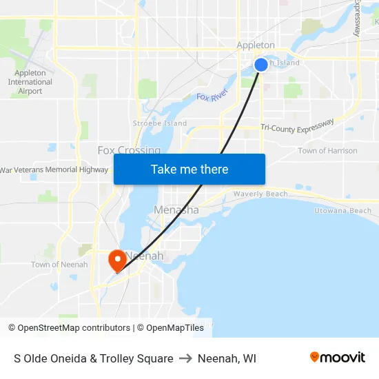 S Olde Oneida & Trolley Square to Neenah, WI map