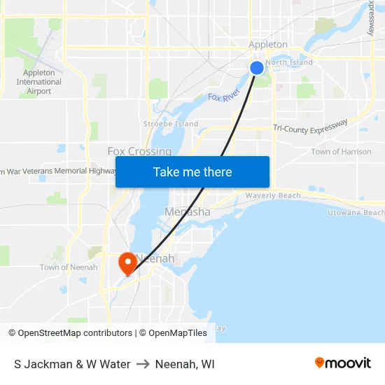 S Jackman & W Water to Neenah, WI map