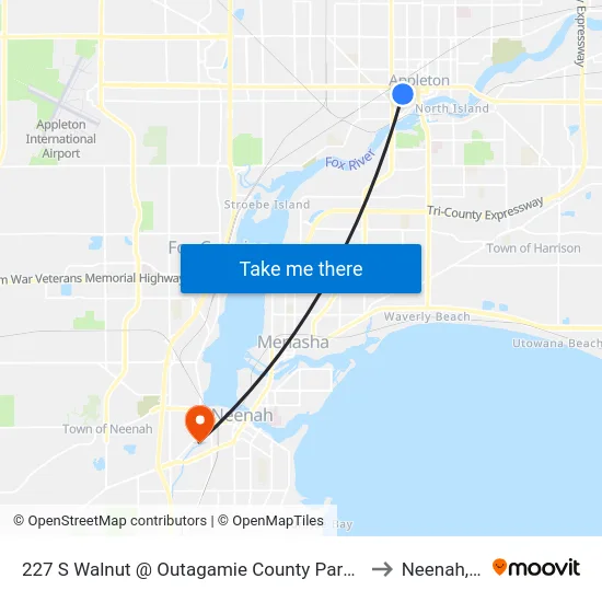 227 S Walnut @ Outagamie County Parking Lot to Neenah, WI map
