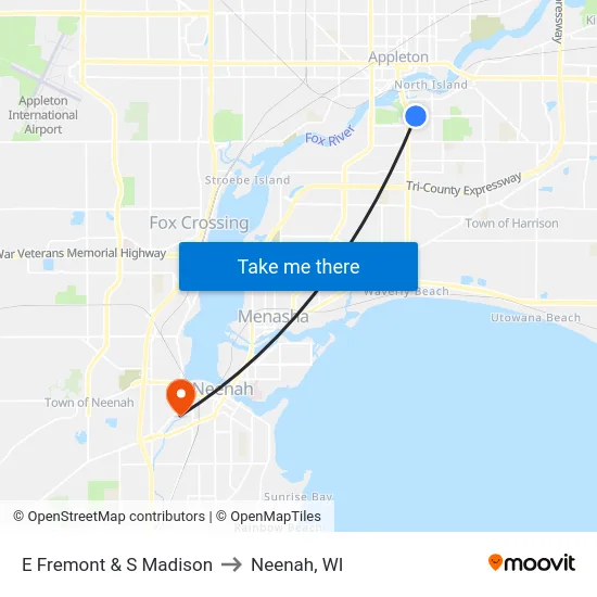 E Fremont & S Madison to Neenah, WI map