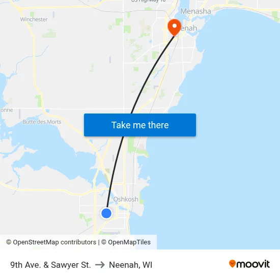 9th Ave. & Sawyer St. to Neenah, WI map