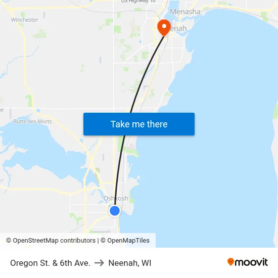 Oregon St. & 6th Ave. to Neenah, WI map