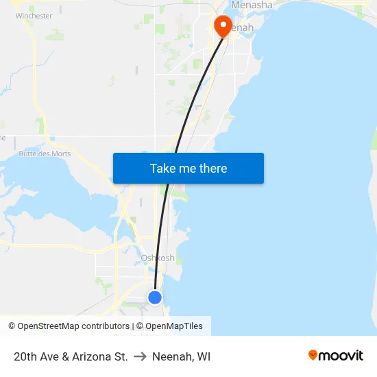 20th Ave & Arizona St. to Neenah, WI map
