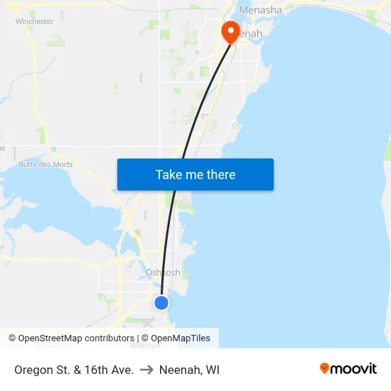 Oregon St. & 16th Ave. to Neenah, WI map