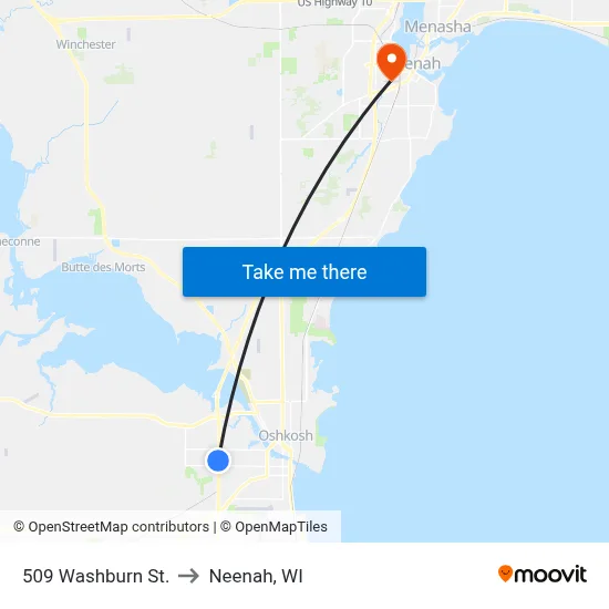509 Washburn St. to Neenah, WI map