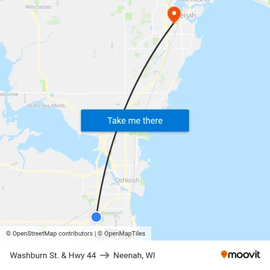 Washburn St. & Hwy 44 to Neenah, WI map