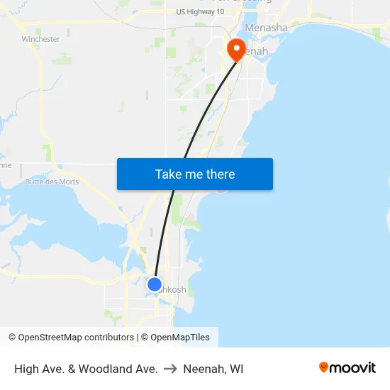 High Ave. & Woodland Ave. to Neenah, WI map