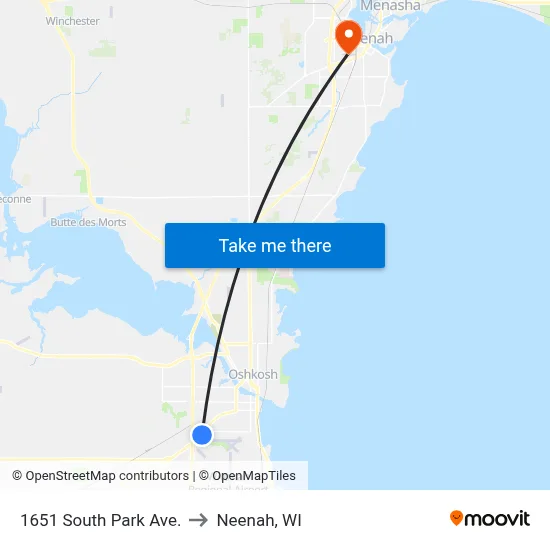 1651 South Park Ave. to Neenah, WI map